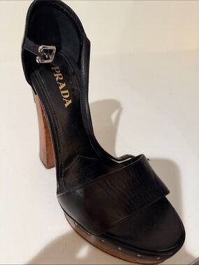 Prada Black Leather Platform Slingback Sandal with Wood Heel